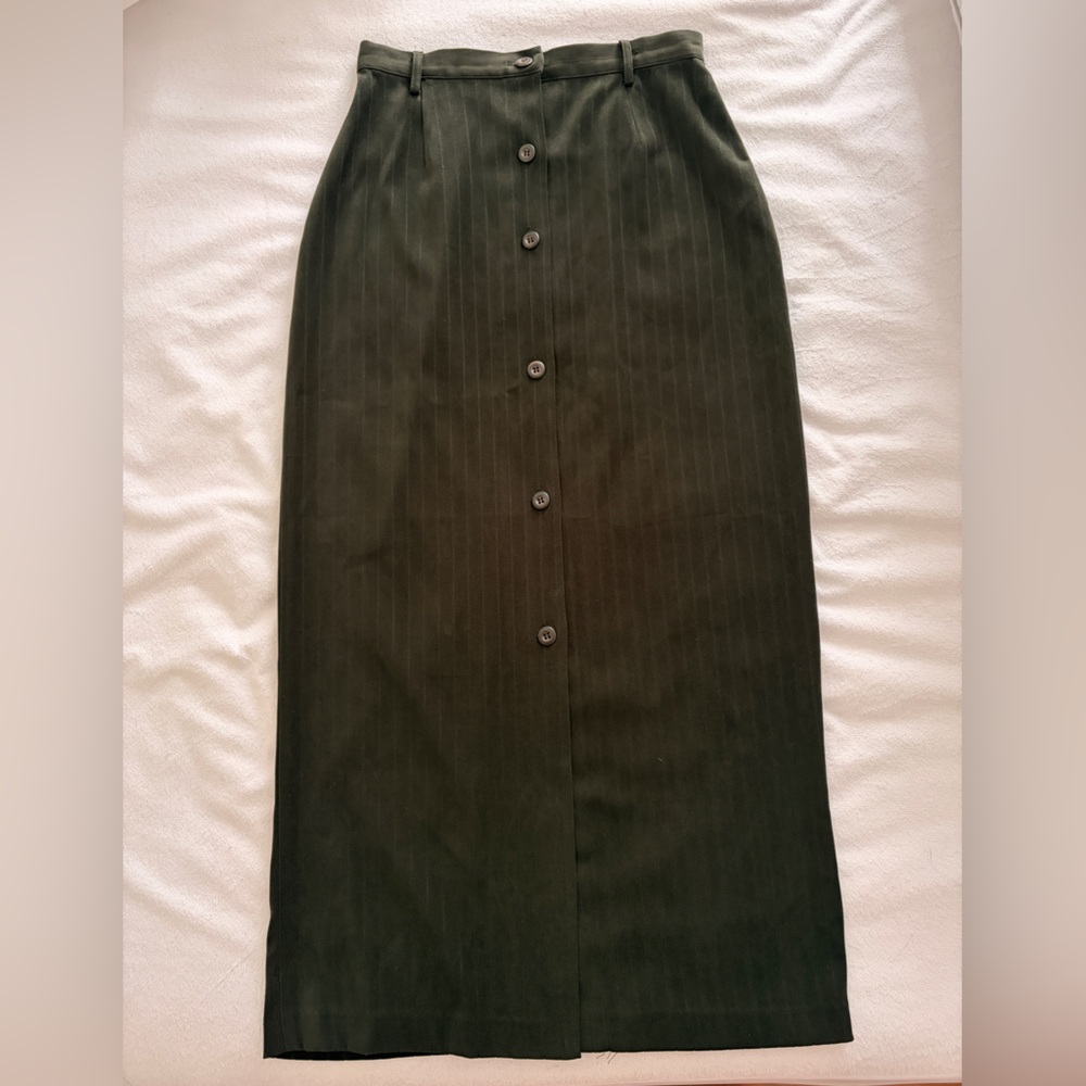 Dark Green Pinstripe Button-Front Skirt
